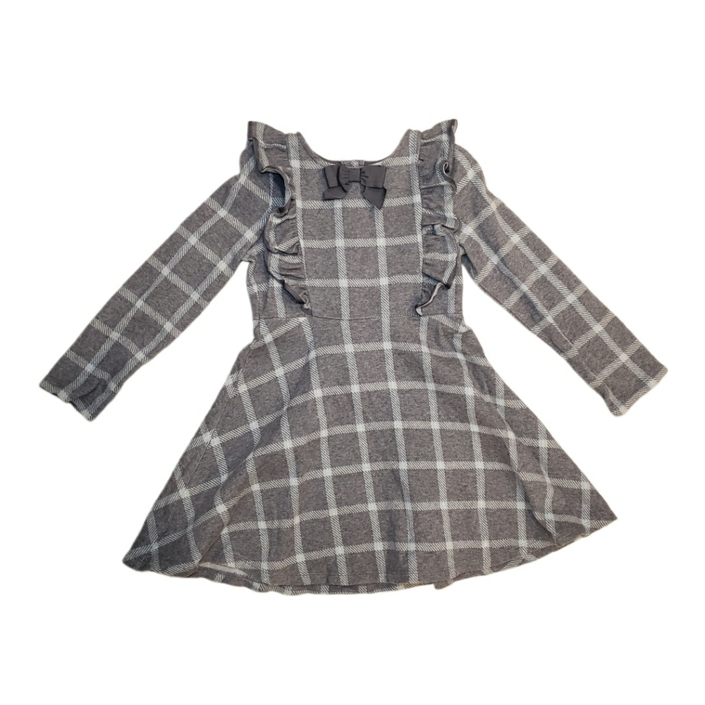 Janie and Jack Size 6 Girls Grey Ruffle Plaid Jacquard Long Sleeve Dress